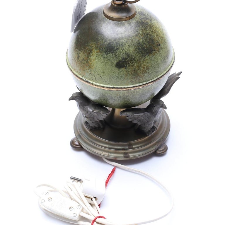 Ystad-Metall Table Lamp with Patinated Globe and Bird Motif, Sweden 1930's