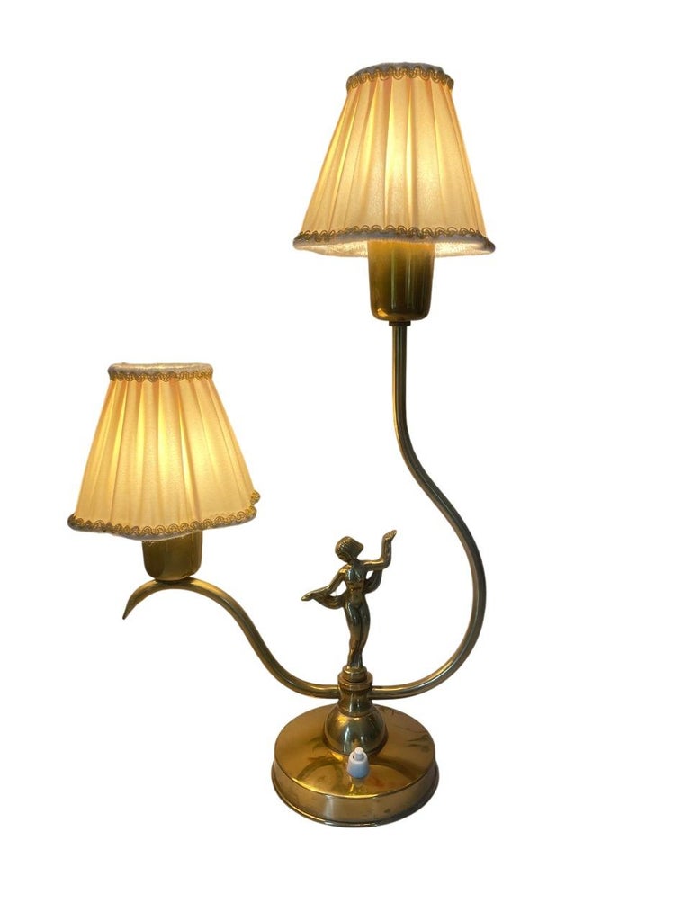 Swedish Art Deco Brass Table Lamp with Figural Base and Silk Shades, 1930s