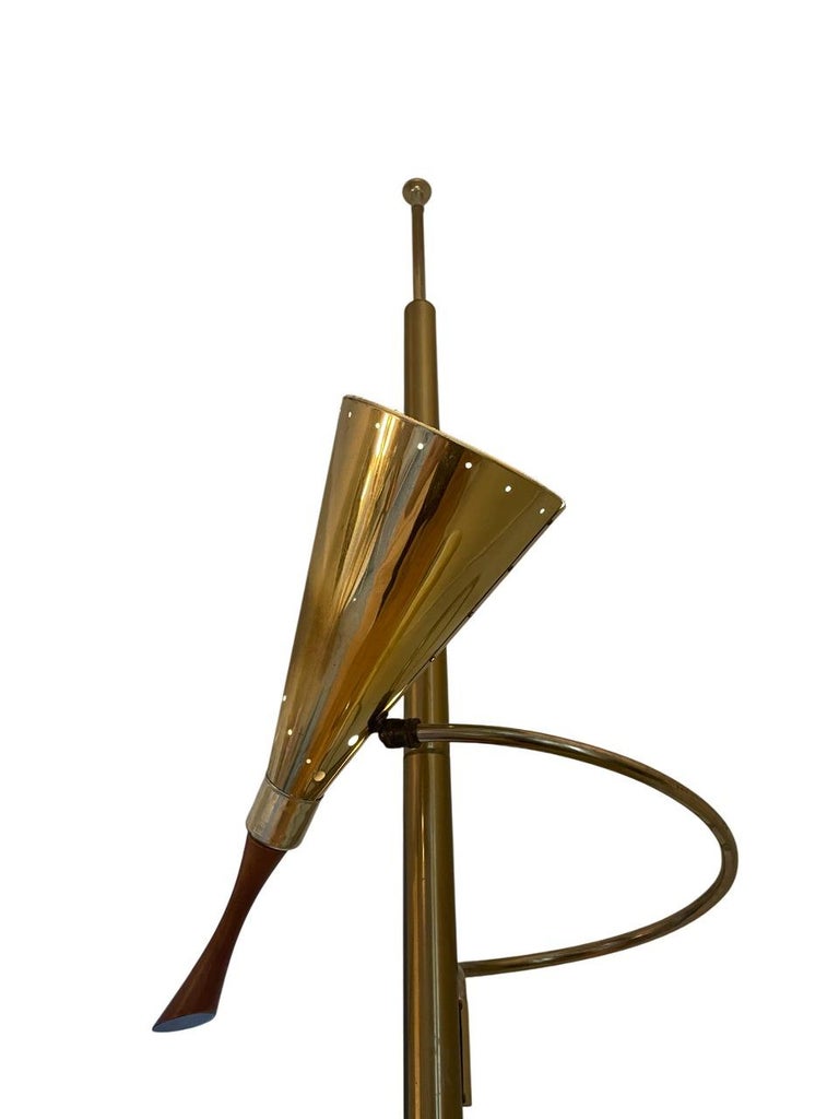 Mid-Century Brass Tension Pole Lamp by Stiffel with Spiral Arms and Cone Shades