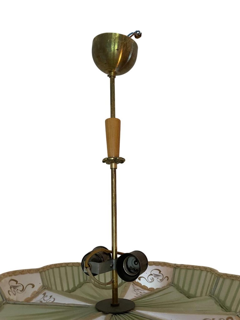 Elegant Swedish Modern Pendant Light in Silk and Brass, 1940s
