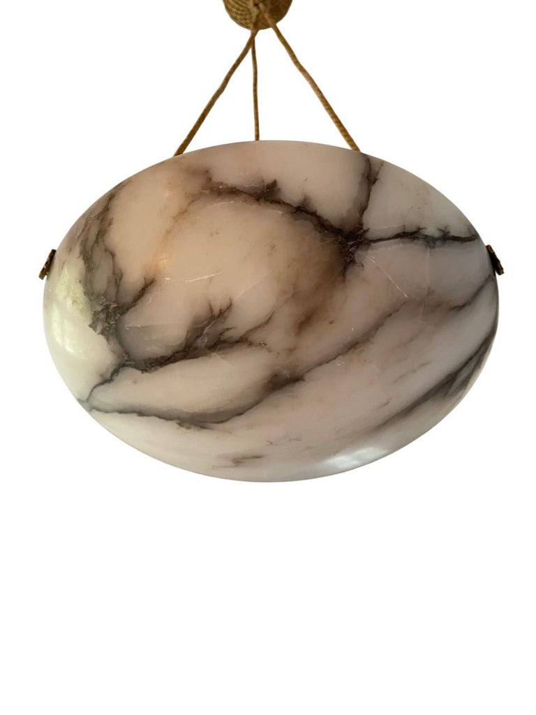 Swedish Modern Alabaster Ceiling Pendant with Rope & Brass Details, 1940s