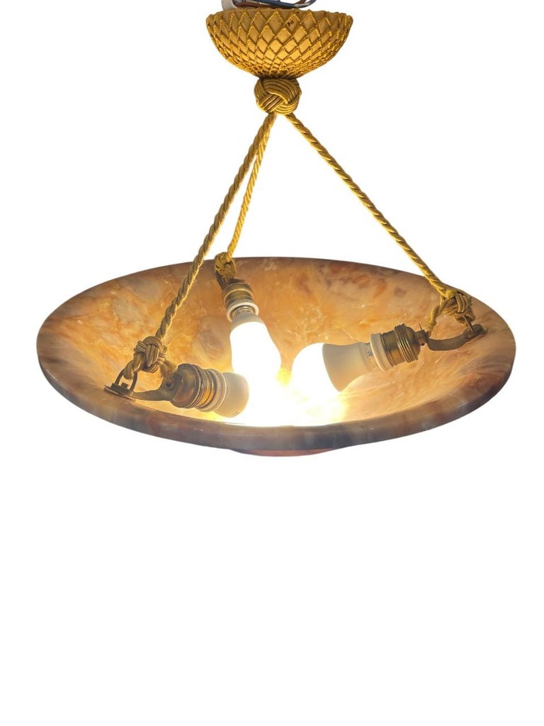 Swedish Modern Alabaster Pendant Ceiling Lamp with Gilded Details, 1940s