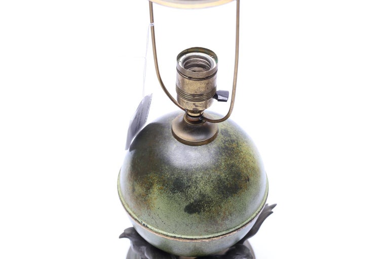 Ystad-Metall Table Lamp with Patinated Globe and Bird Motif, Sweden 1930's