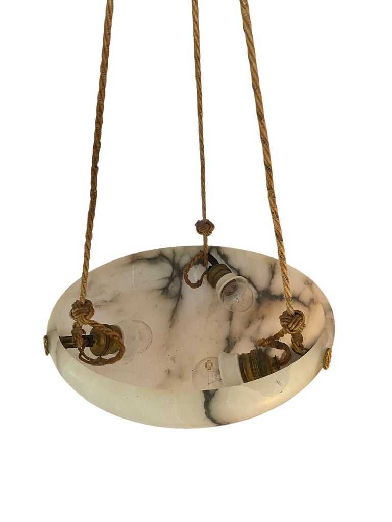 Swedish Modern Alabaster Ceiling Pendant with Rope & Brass Details, 1940s