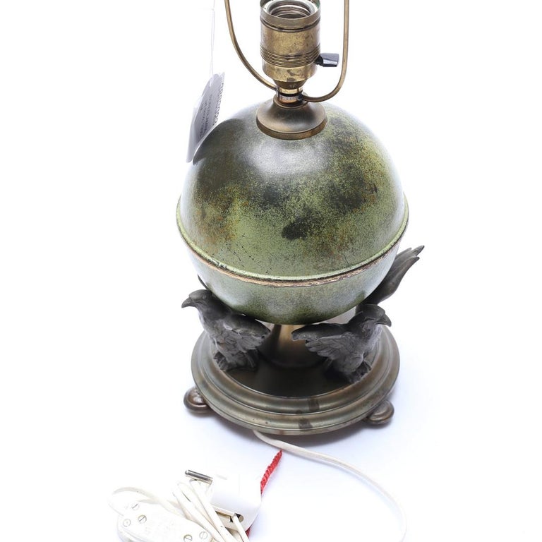Ystad-Metall Table Lamp with Patinated Globe and Bird Motif, Sweden 1930's